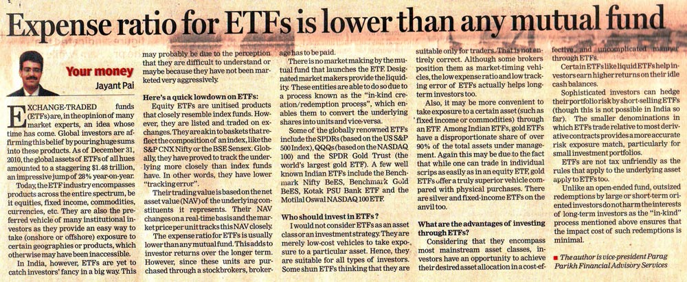 Expense ratio for ETF is lower than any mutual fund', Financial Express, June 28, 2011