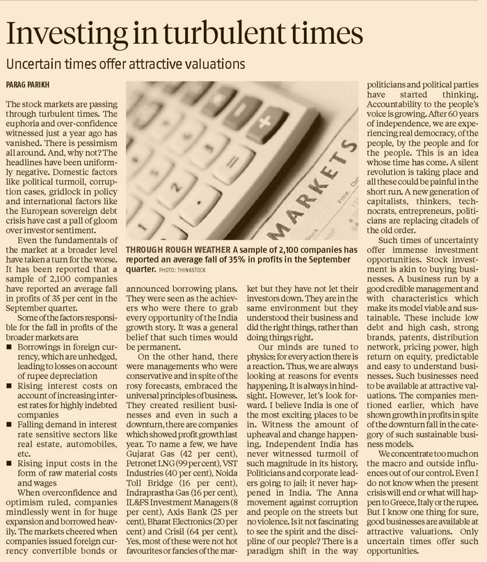 Investing in turbulent times - Parag Parikh [Business Standard Article]