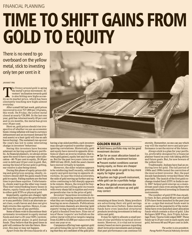 Time to shift gains from gold to equity: Jayant Pai - Business Standard, August 21, 2011