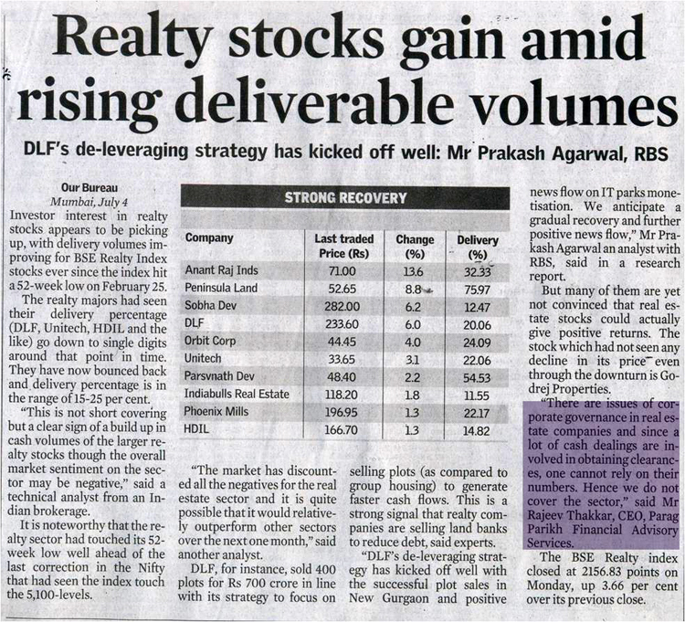Quote by Rajeev Thakkar : Realty stocks gain amid rising deliverable volumes, Hindu Business Line, July 5, 2011