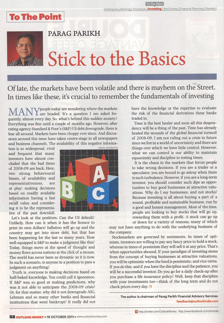 Stick to the Basics by Parag Parikh, Outlook Money, October 19, 2011