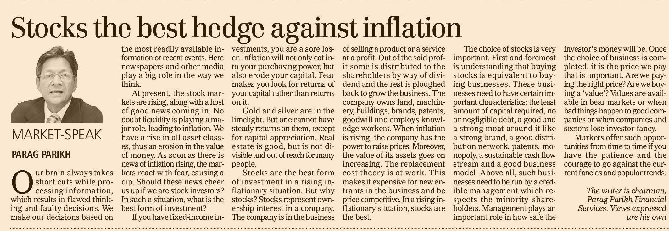 Stocks the Best hedge against Inflation - Parag Parikh